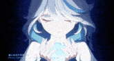 a girl with white and blue hair is holding a blue object in her hands and the words please remember only believe what i said to you