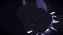 a black cat with blue eyes and a purple collar with spikes on it
