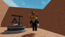 a man in a suit is standing in front of a sign that says a.