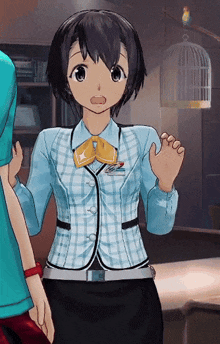 a girl in a blue and white checkered uniform with a yellow bow tie