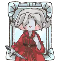 a girl in a red dress is holding a knife in front of a mirror
