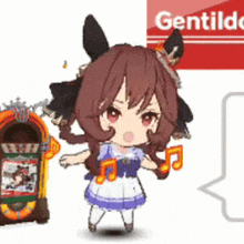a cartoon girl is standing next to a jukebox and holding musical notes .