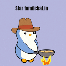 a penguin wearing a cowboy hat is holding a frying pan over a fire