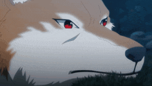 a close up of a brown and white dog with red eyes