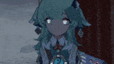 a girl with green hair has a necklace with a ying yang symbol