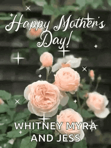 a mother 's day greeting card with pink roses and the name whitney myra and jess