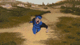 a cartoon drawing of a man in a blue suit running