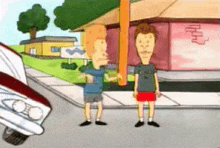two cartoon characters standing next to each other on a sidewalk .
