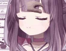 a girl with purple hair has her eyes closed and a hand on her face