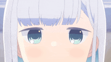 a close up of a girl 's eyes with white hair