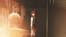 a girl with red hair stands in front of a large sphere