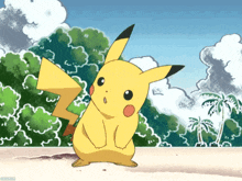 a pikachu with a surprised look on his face is standing on a beach