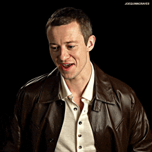 a man wearing a brown leather jacket and a white shirt has the name joequinncraves above him