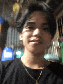 a young man wearing a black shirt and a gold chain smiles for the camera