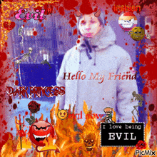 a picture of a person with the words " hello my friend " written on it