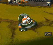 a cartoon character is wearing a green helmet with the letter o on it