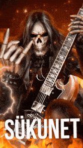 a poster of a skeleton playing a guitar with the word sukunet underneath him