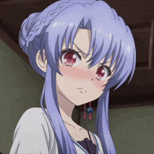 a girl with blue hair and red eyes is making a face