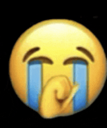 a yellow smiley face with blue tears coming out of it 's eyes on a black background .