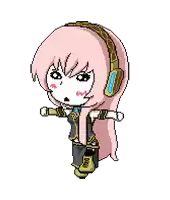 a pixel art drawing of a girl with pink hair and headphones