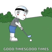 a cartoon of snoopy swinging a golf club with the words " good times good times " below him