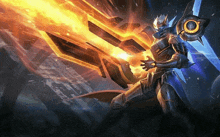 a man in armor is holding a giant sword that is on fire