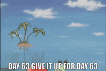 a cartoon of a crab holding a bell with the words `` day 63 give it up for day 63 ''