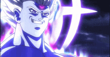 a close up of a cartoon character with a purple and white background