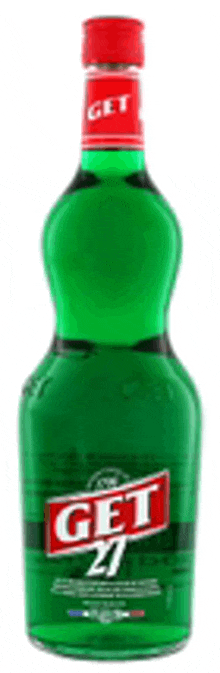 a green bottle of get 21 with a red top