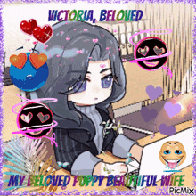 a cartoon of a woman sitting at a desk with the words victoria beloved my beloved poppy beautiful wife