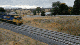 a blue and yellow train with the word desire on the front of it