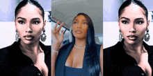 three images of a woman with long black hair