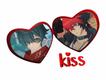 two hearts with a picture of a man and the word kiss below them