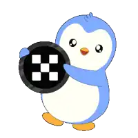 a blue and white penguin is holding a black and white checkered circle