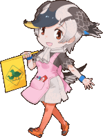 a girl with a bird on her head is holding a yellow flag with a bird on it