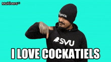 a man with a beard wearing a hoodie that says i love cockatiels