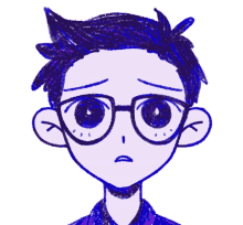 a drawing of a boy wearing glasses and purple hair