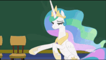 a cartoon of a unicorn standing in front of a green board with the word family on it