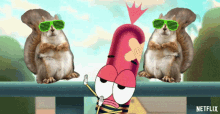 a cartoon character with a bandage on his face is surrounded by two squirrels