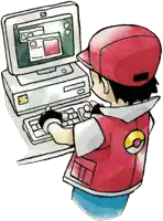 a drawing of a person using a computer with the letter e on the screen