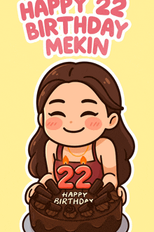 a cartoon drawing of a girl holding a cake with the number 22 on it