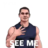 a cartoon of a man with the words " see me " written on his chest
