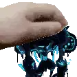 a person 's hand is reaching out towards a glowing object .