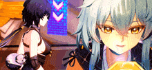 two anime girls are standing next to each other in a room with arrows on the wall