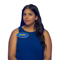 a woman wearing a blue dress has a name tag that says delara