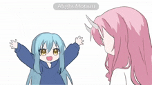a girl with blue hair and horns is standing next to another girl
