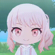 a close up of a cartoon girl with pink hair and red eyes standing in the grass .
