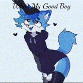 a blue furry cartoon character wearing a black hoodie and knee high boots .