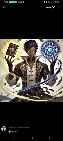 a phone screen shows a man holding a book and a magical circle