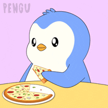 a cartoon of a penguin eating a slice of pizza with the word pengu on the bottom